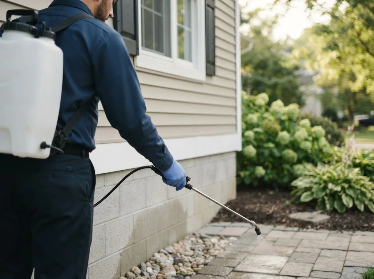 Pest control technician inspecting a home in Harrisville, MI